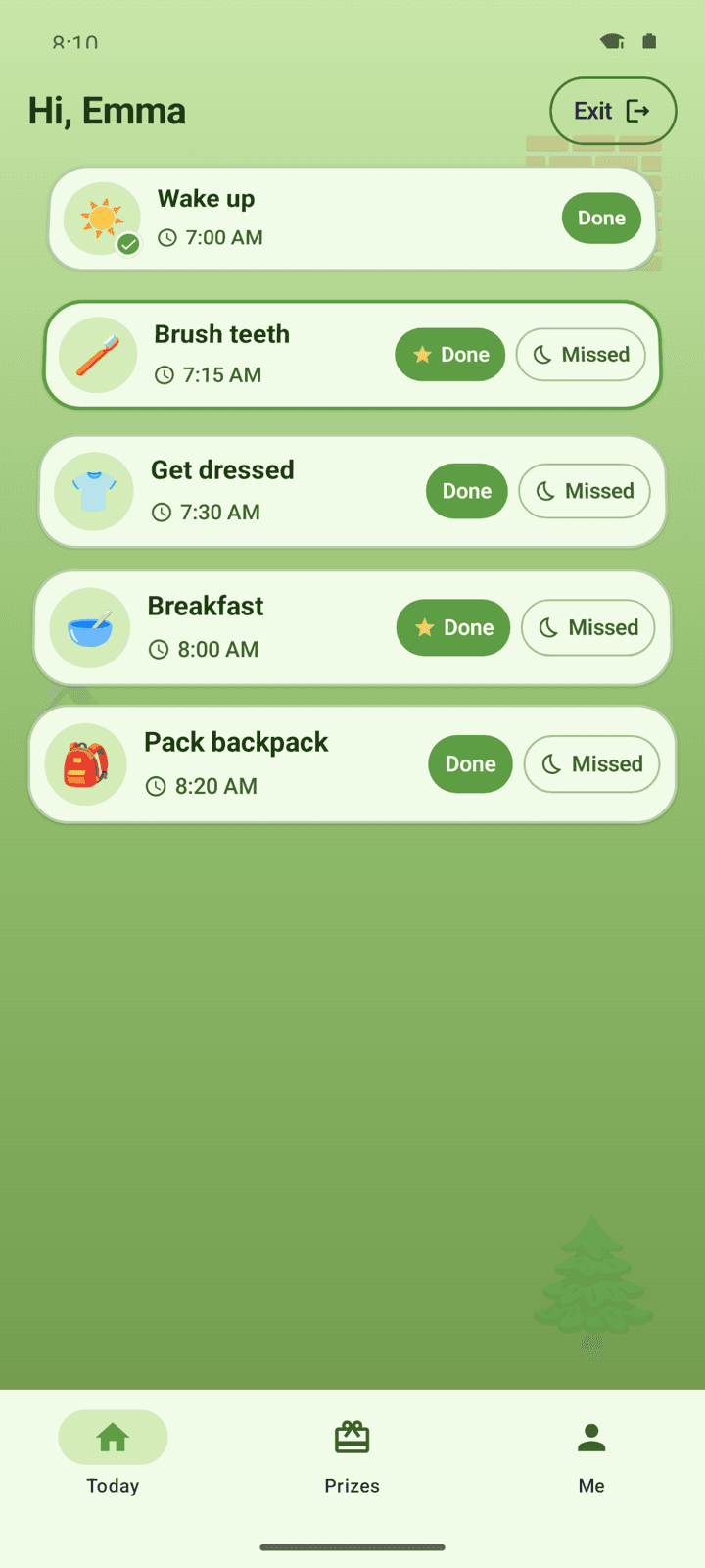 Kid home in the Block Builder theme, with a green gradient, today's routines, and Done buttons
