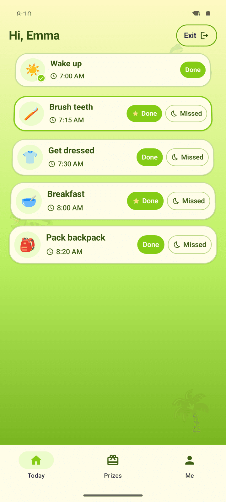 Kid home in the Dino Land theme, with a yellow and green gradient, today's routines, and Done buttons