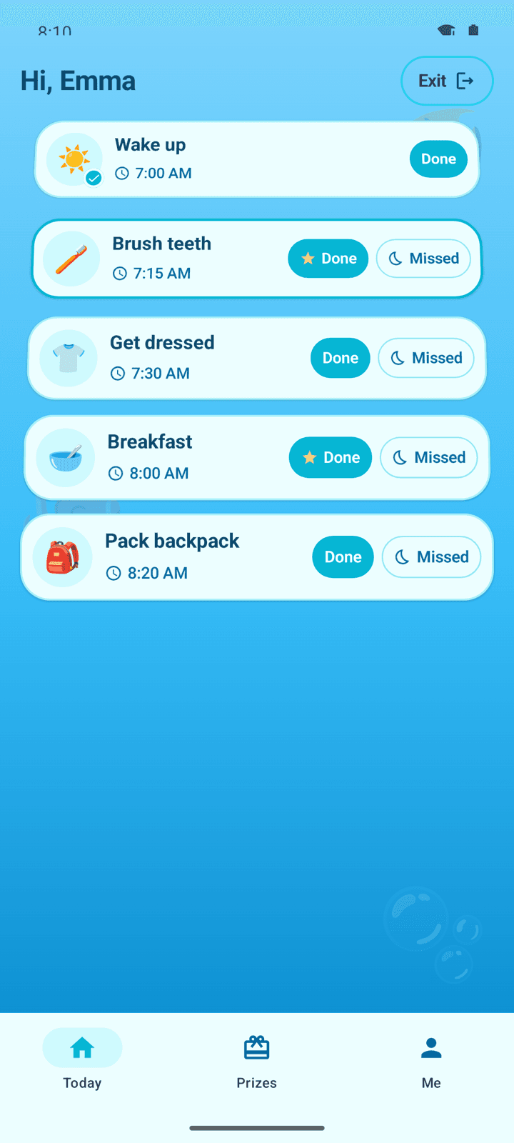 Kid home in the Ocean Adventure theme, with a blue gradient, bubbles, today's routines, and Done buttons