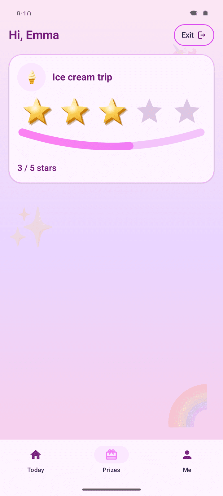 Kid prizes screen with gold stars and a pink progress bar toward an ice cream trip