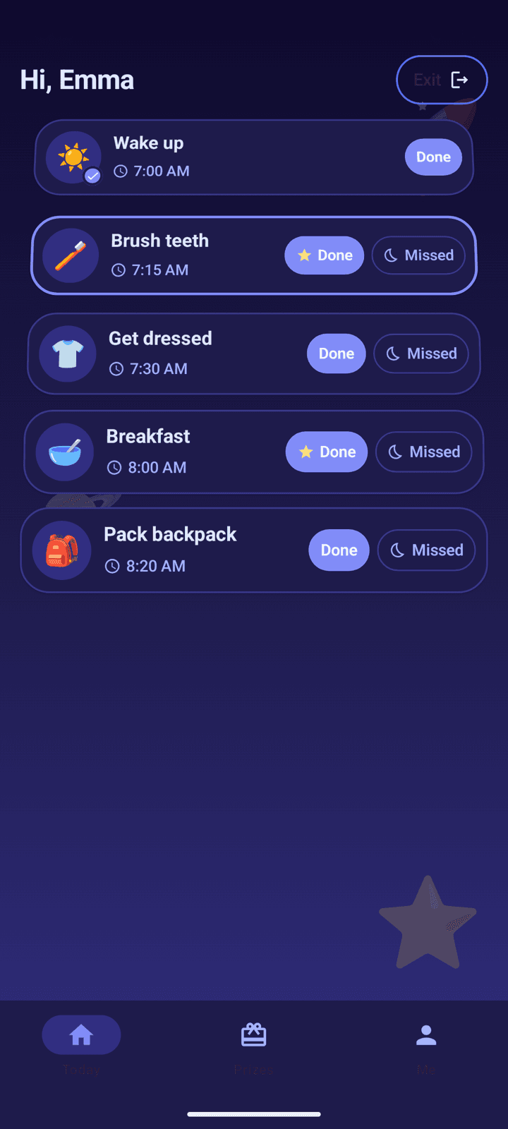 Kid home in the Space Explorer theme, with a deep purple sky, today's routines, and Done buttons