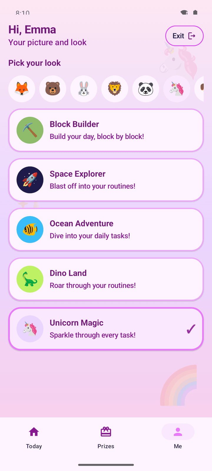 Kid theme picker showing Block Builder, Space Explorer, Ocean Adventure, Dino Land, and Unicorn Magic