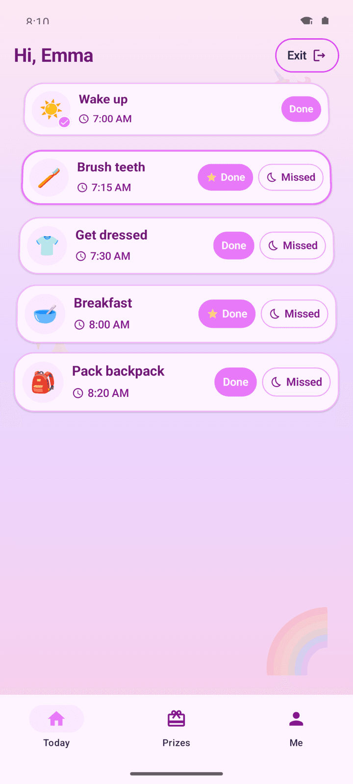 Kid home in the Unicorn Magic theme, with a pink and purple gradient, today's routines, and Done buttons