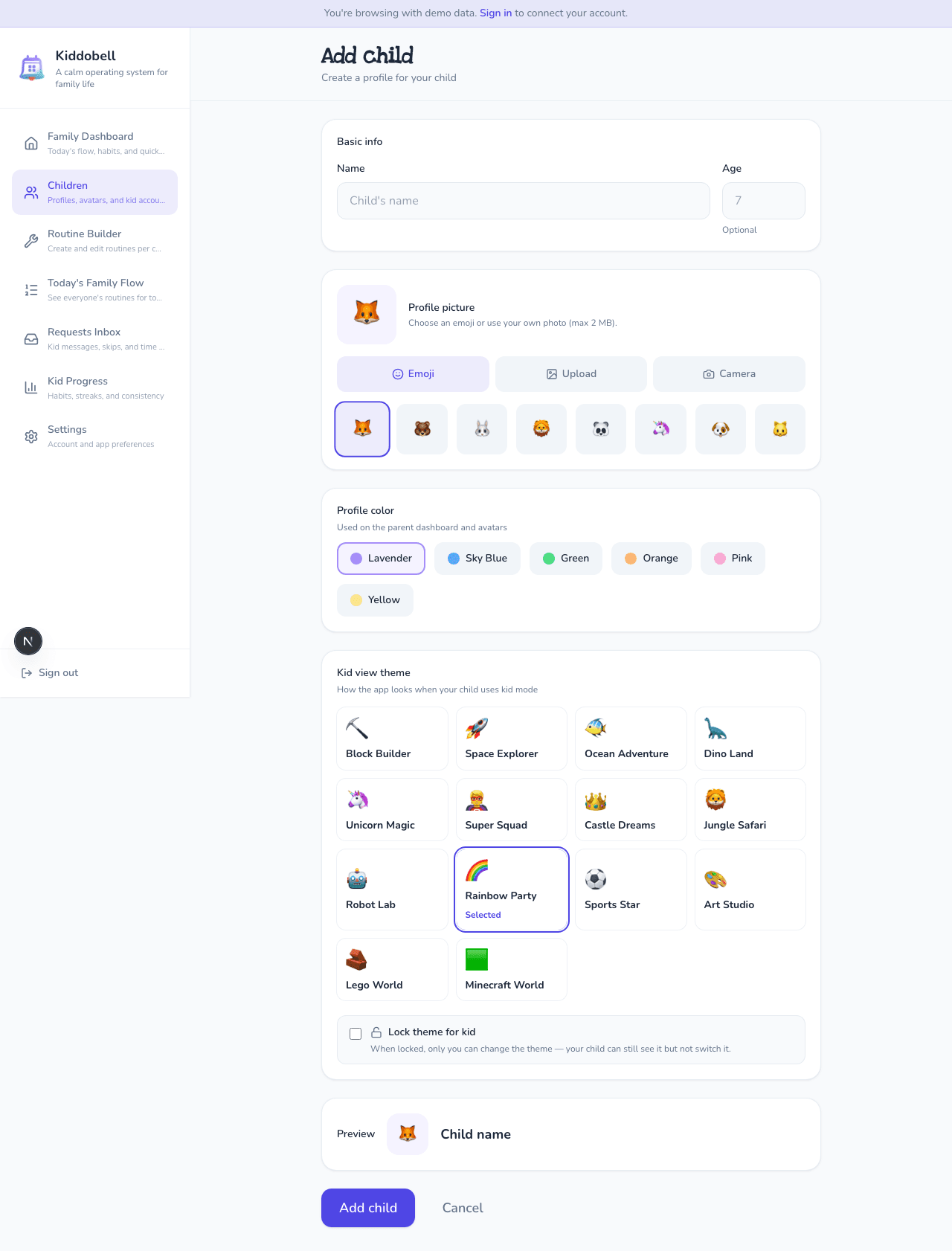 Add a child profile with name, avatar, and color theme in Kiddobell