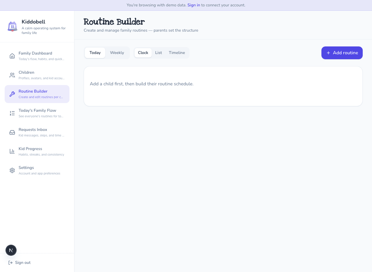 Routine builder with morning and bedtime steps and day-of-week scheduling